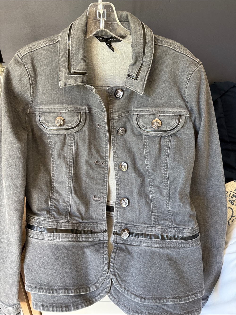 White House Black Market Grey Denim Jacket with Decorative Buttons
